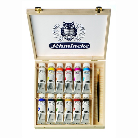 Набор масляных красок Schmincke Akademie Oil Color 12 цветов по 60 мл, кисть, деревянная упаковка
