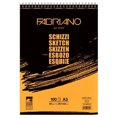 Блокнот для зарисовок Fabriano Schizzi 90 г/м2, 29,7x42 см, мелкозернистая, тёмная обложка, 100 листов, спираль