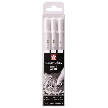 Набор белых гелевых ручек Sakura Gelly Roll для рисования. В наборе три ручки разной толщины: тонкая 0,3 мм (05), средняя 0,4 мм (08) и толстая 0,5 м…
