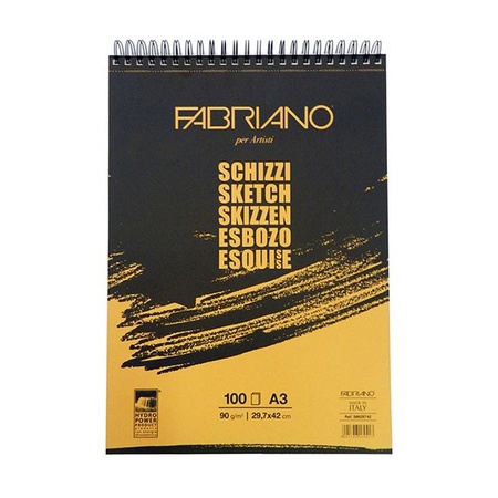Блокнот для зарисовок Fabriano Schizzi 90 г/м2, 29,7x42 см, мелкозернистая, тёмная обложка, 100 листов, спираль Блокнот "Schizzi" отлично подойдет для набросков и зарисовок. Важной особенностью таких блокнотов является усиленная картоном задняя часть облож…