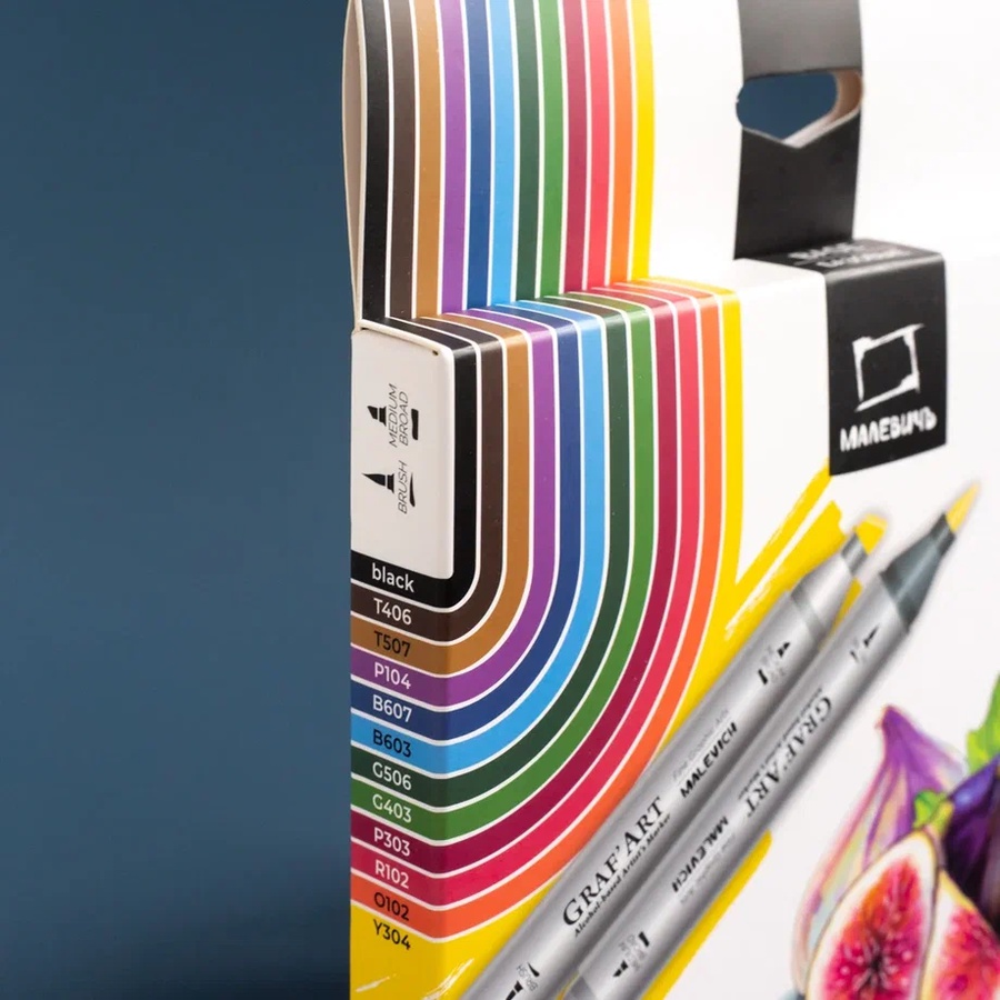 фотография Набор спиртовых маркеров малевичъ graf'art brush, базовый 12 цветов