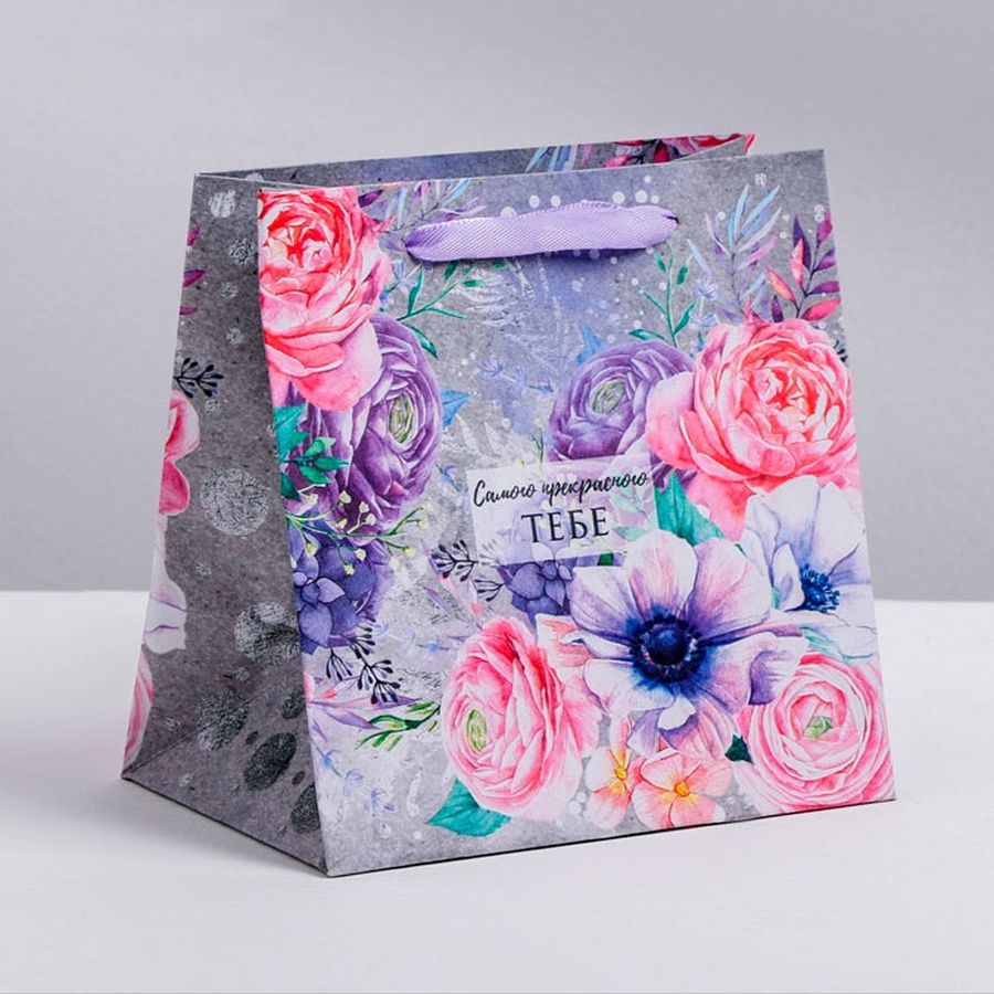 фото Пакет крафтовый квадратный «цветочный вихрь», 30 × 30 × 12 см