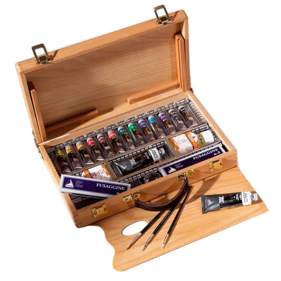 изображение Набор масляных красок 13 тюбиков в деревянном ящике с аксессуарами classico maimeri