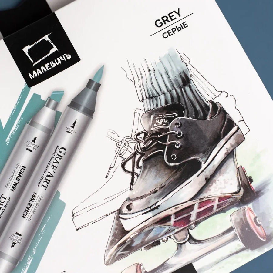 фотография Набор спиртовых маркеров малевичъ graf'art brush, серые 12 цветов