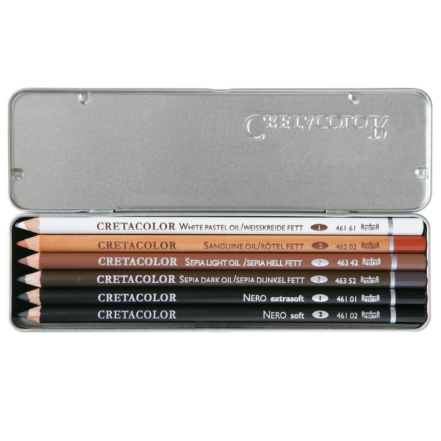 фото Набор масляных карандашей для набросков и эскизов cretacolor oil pencil, 6 шт, металлическая коробка