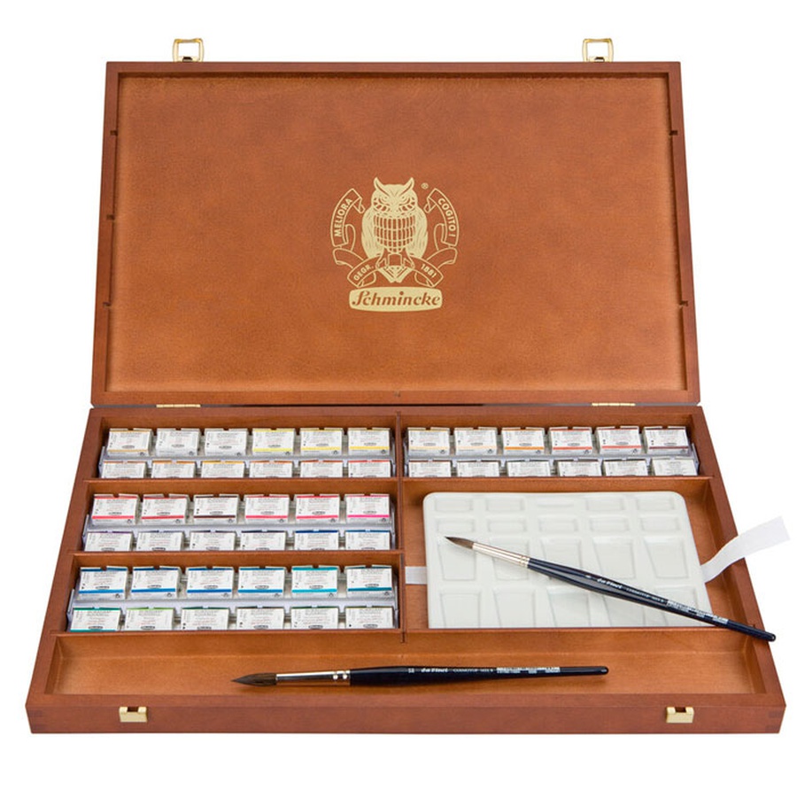 изображение Краски акварельные schmincke horadam, набор 48 цветов, кюветы, деревянная упаковка