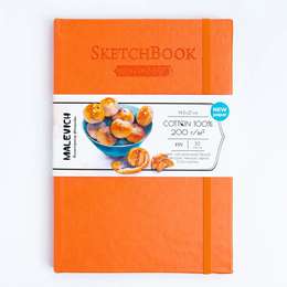 картинка Скетчбук для акварели малевичъ, 100% хлопок, оранжевый, 200 г/м, 14,5х21 см, 30л