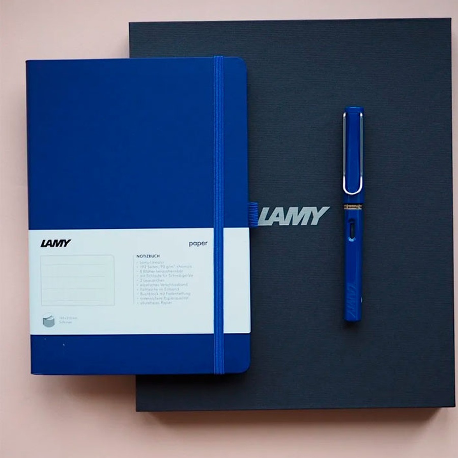 фотография Набор lamy: ручка пер safari, f, синий+записная книжка, мягкий переплет, а5, синий