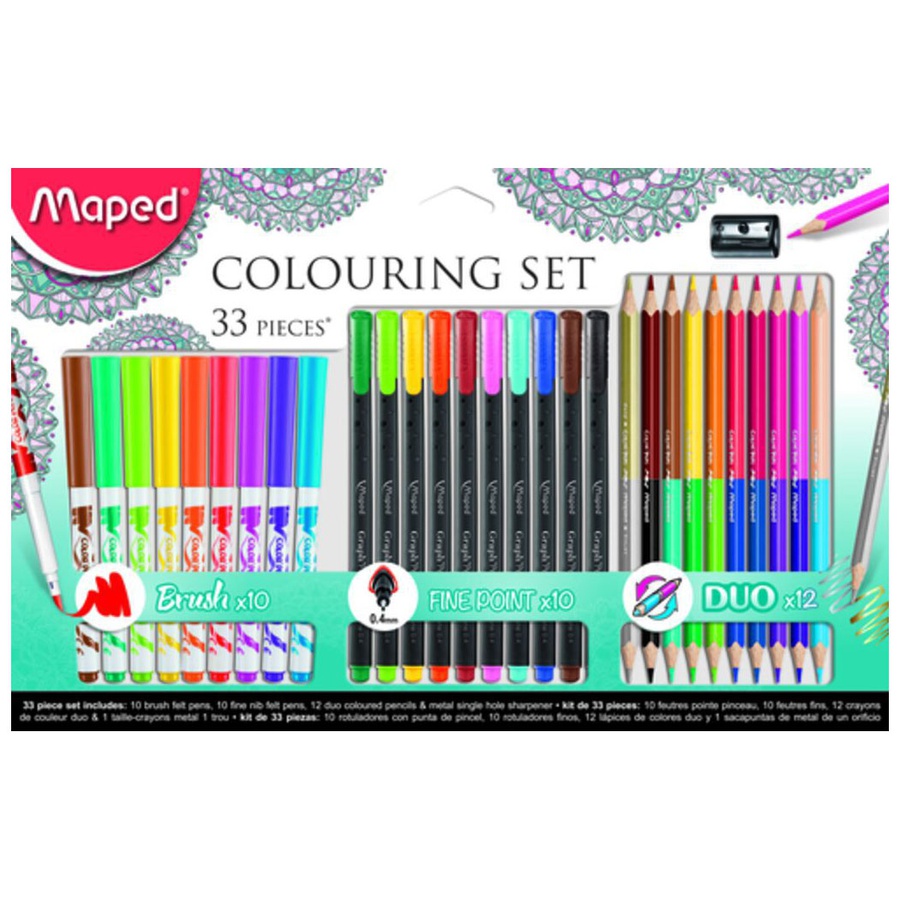 картинка Набор для рисования: 10 фломастеров-кистей, 10 капил ручек, 12 двусторонних цветных карандашей, точилка