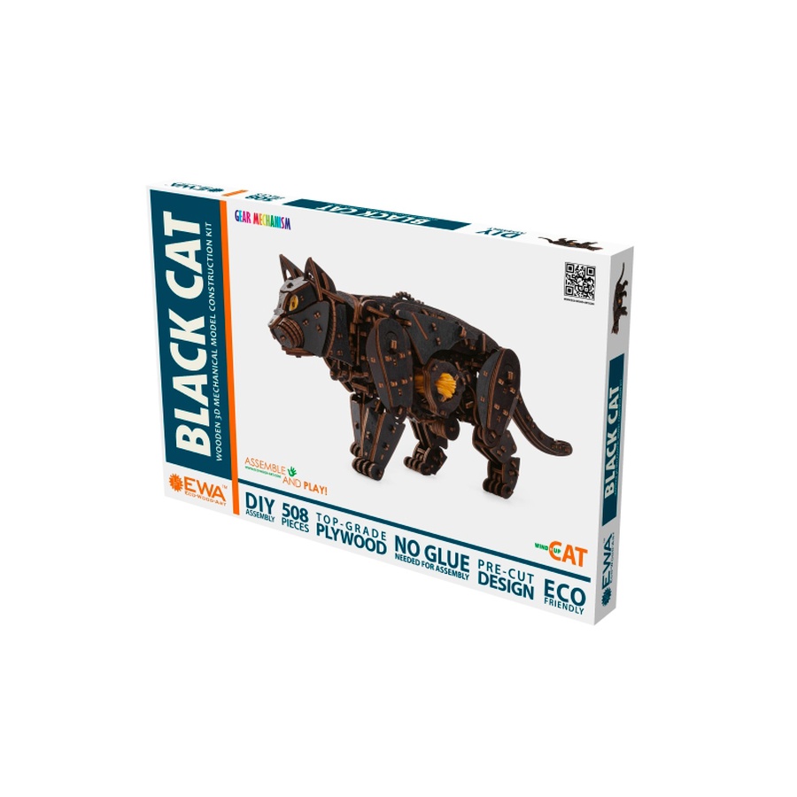 изображение Сборная модель деревянная, механический черный кот (кошка)