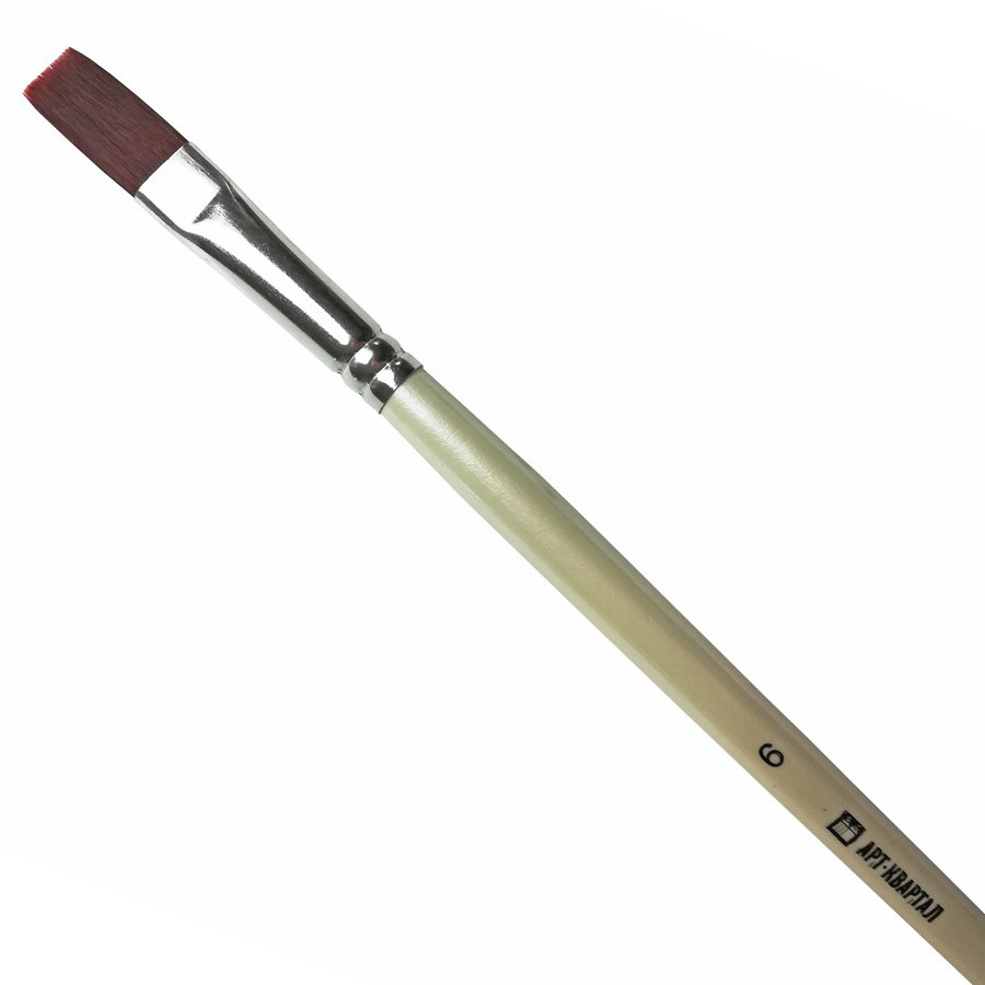 изображение Кисть синтетика красный ворс, арт-квартал плоская, №6, длинная ручка