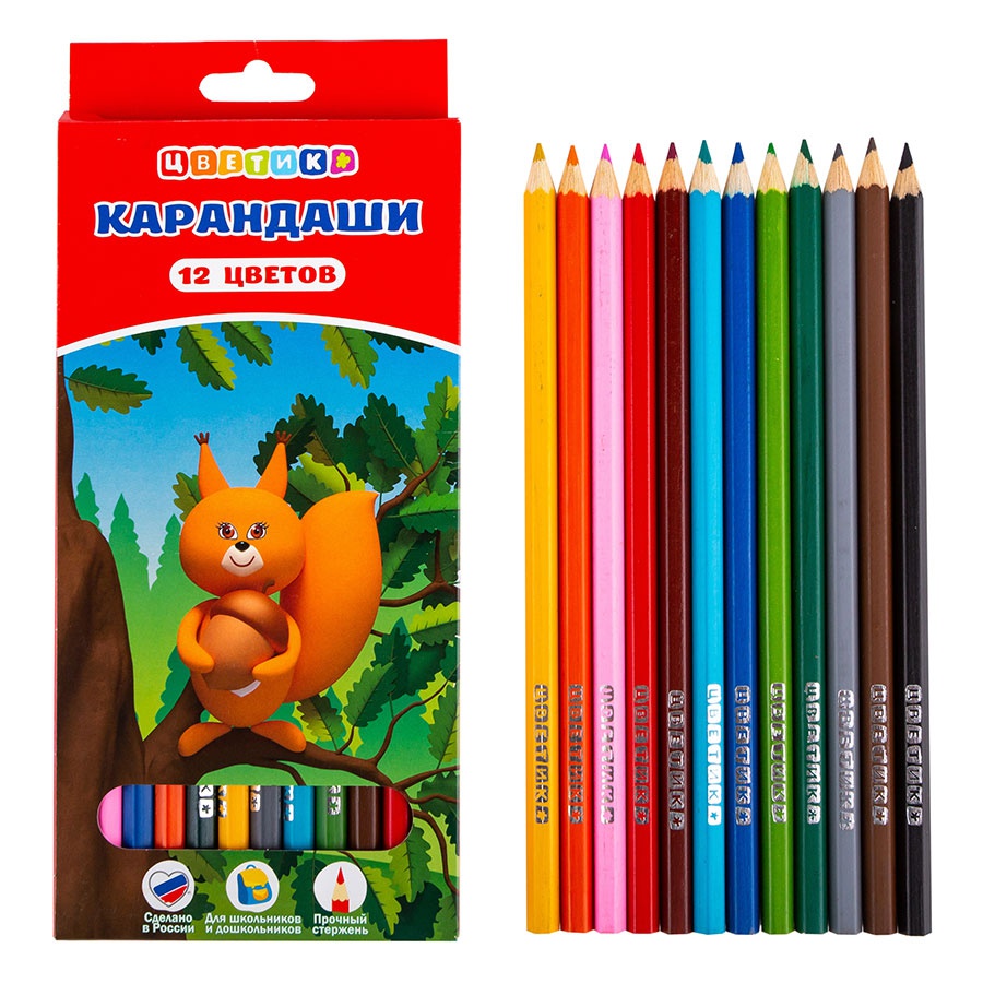 изображение Цветные карандаши цветик, шестигранные, 12 цветов
