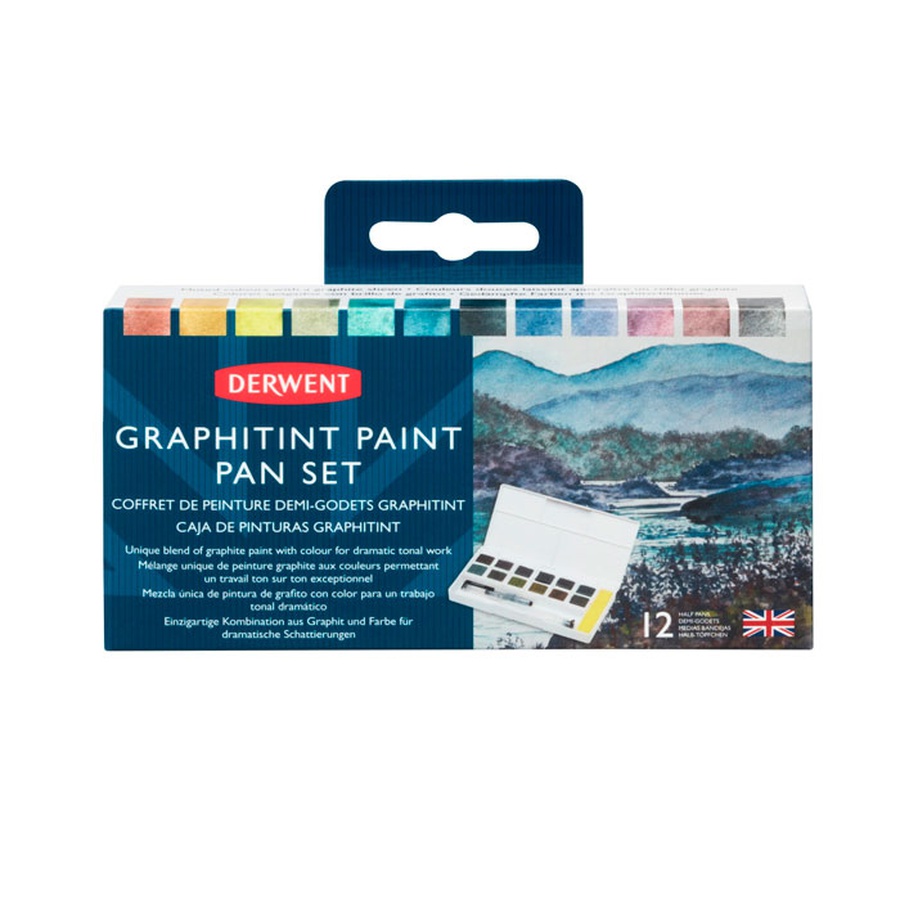фотография Набор акварельных кювет graphitint на основе графита 12 цветов + кисть в пластиковой упаковке