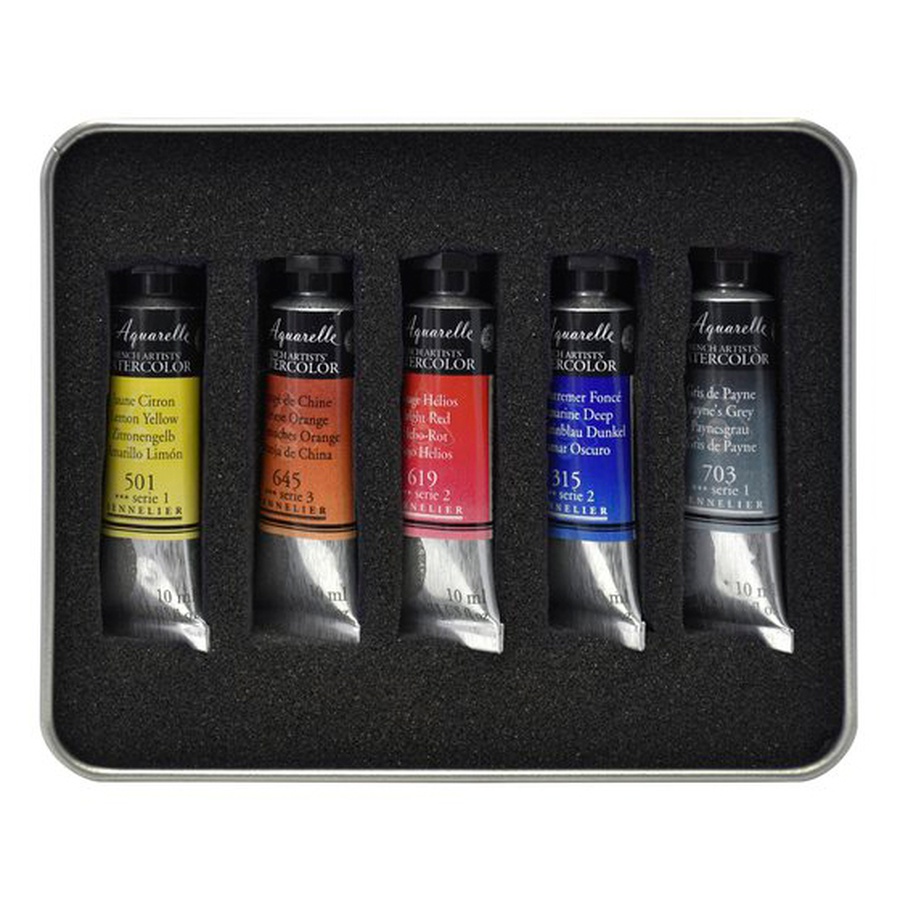 изображение Sennelier набор "test pack" с акварельными красками artist, 5 туб х 10 мл,  жестяная коробка