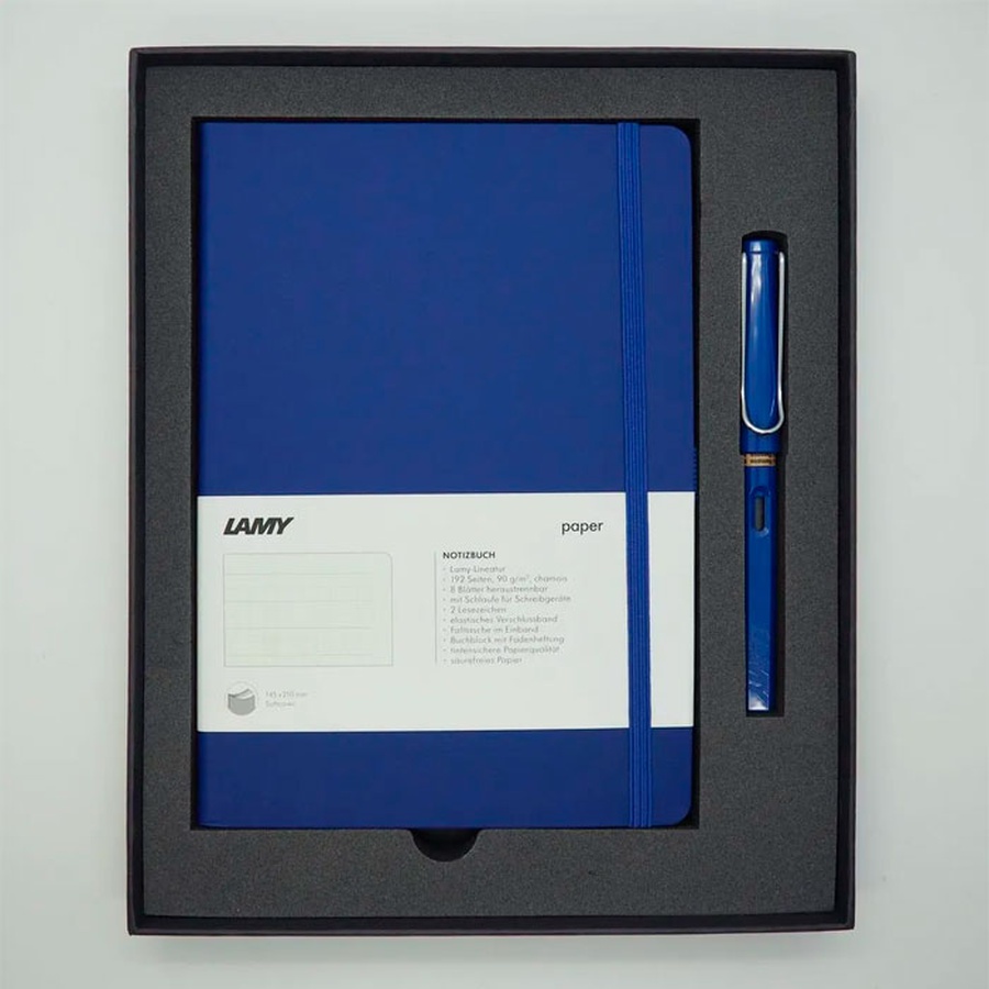 фотография Набор lamy: ручка пер safari, f, синий+записная книжка, мягкий переплет, а5, синий