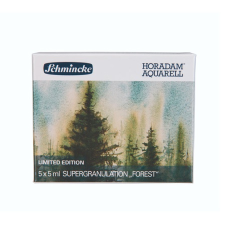 Набор супергранулирующих акварельных красок Schmincke Horadam, Forest, тубы 5х5мл, в картоне Новое специальное издание «Супергранулирующие краски» содержит в общей сложности 25 цветов в тубах по 5 мл, разделенных на 5 цветов в каждой из серий…