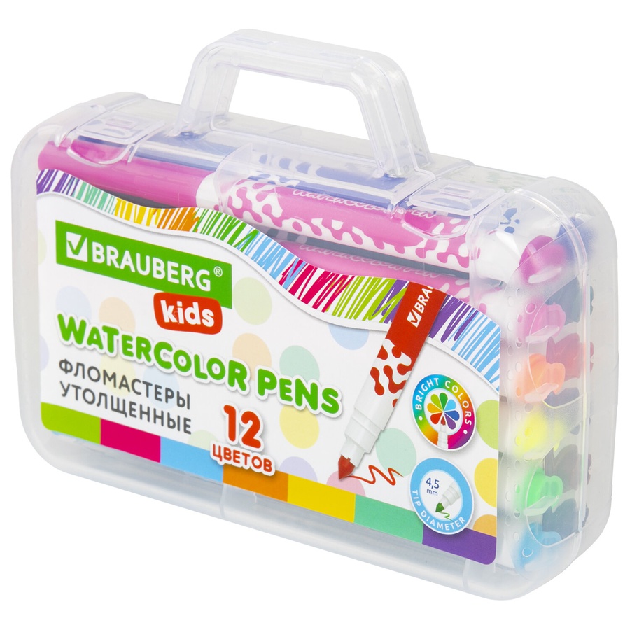 изображение Фломастеры в портфельчике утолщенные 12 цветов, вентилируемый колпачок, brauberg kids