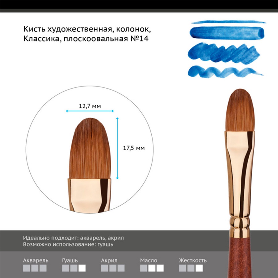 фото Кисть колонок гамма "классика", плоскоовальная №14