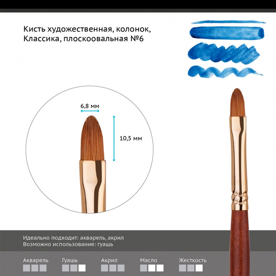фото Кисть колонок гамма "классика", плоскоовальная №6