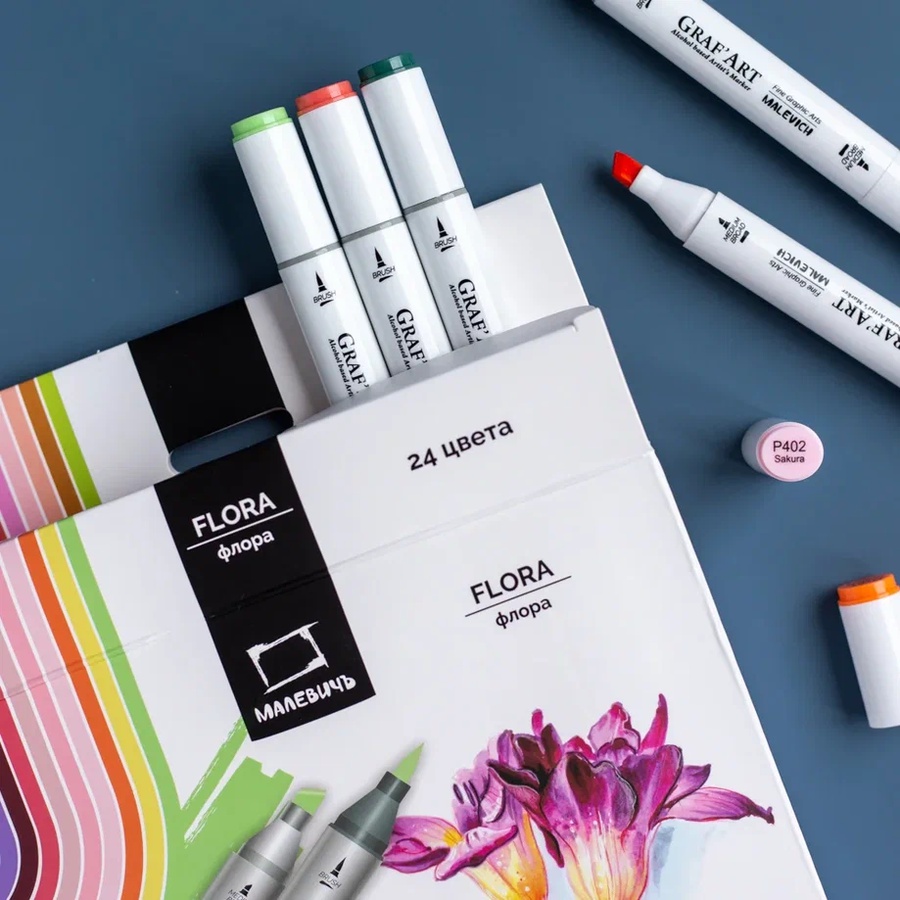 изображение Набор спиртовых маркеров малевичъ graf'art brush, флора 24 цвета