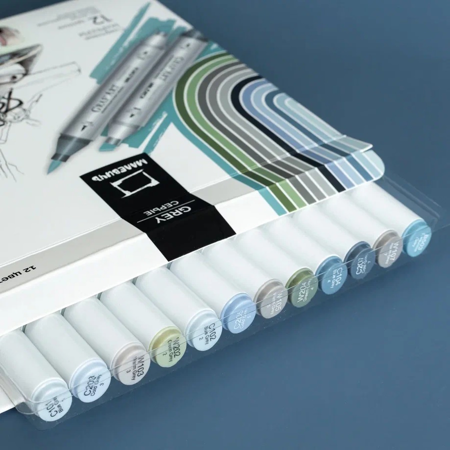 фотография Набор спиртовых маркеров малевичъ graf'art brush, серые 12 цветов