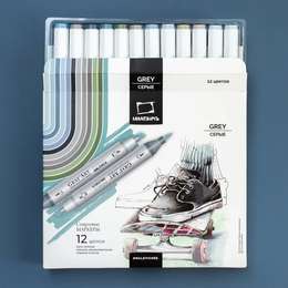 фотография Набор спиртовых маркеров малевичъ graf'art brush, серые 12 цветов