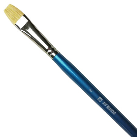 Кисть из натуральной щетины с длинной деревянной ручкой голубого цвета и серебристой обоймой из латуни. Кисть отлично подходит для акриловой и маслян…