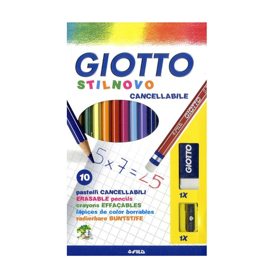 картинка Giotto stilnovo cancellab+temp+gom 10 цветных карандашей с индивидуальным ластиком+ластик+точилка