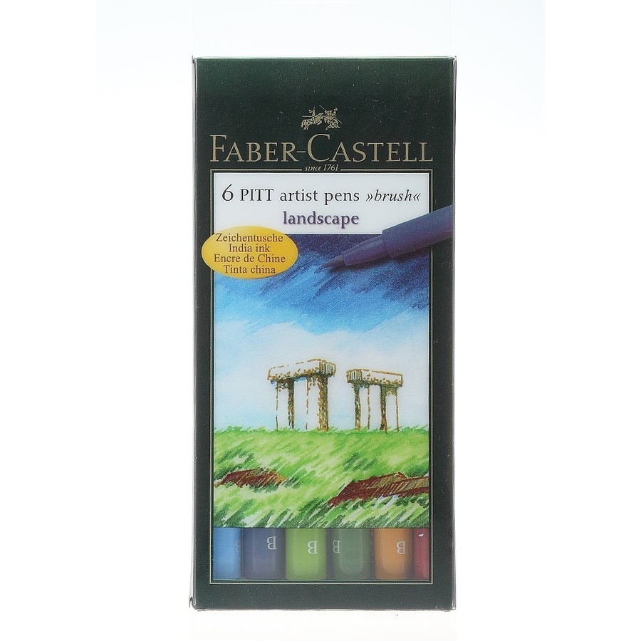 фото Набор цветных ручек капиллярных пейзаж 6шт и кисточка faber-castell pitt