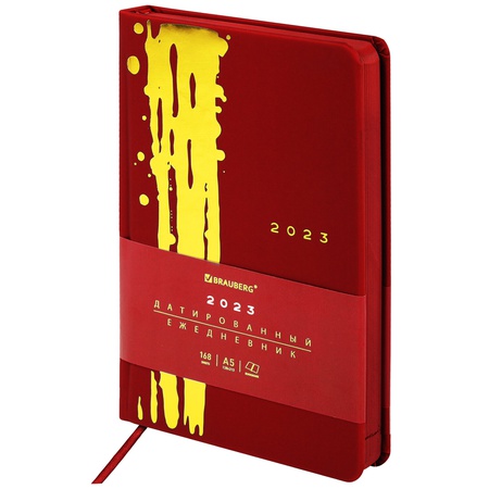 фотография Ежедневник датированный 2023 а5 138×213 мм brauberg «goldy», цветной срез, красный