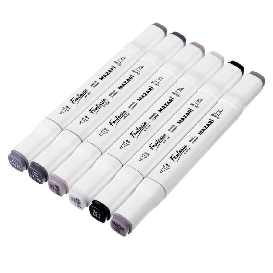 картинка Художественный набор двухсторонних маркеров mazari fantasia white 6 цветов warm gray (серые цвета), пишущие узлы 2.5-6.2 мм