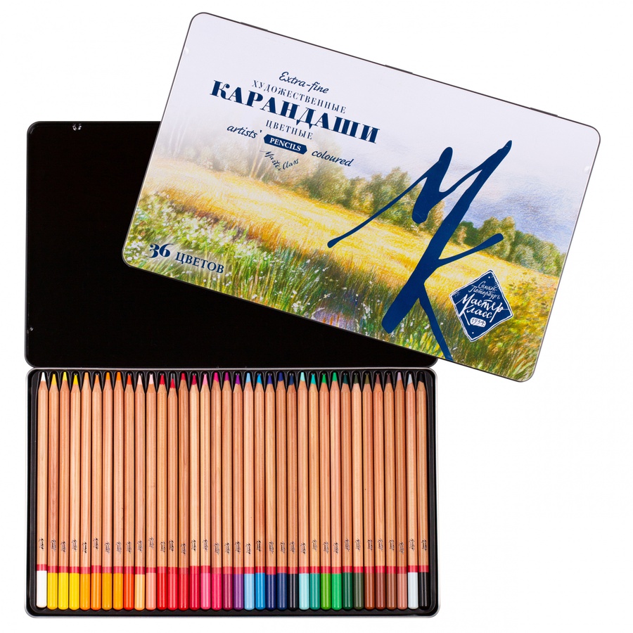 фото Набор карандашей цветных мастер-класс 36 цветов, жестяная коробка