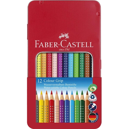 Набор из 12 цветных акварельных карандашей Faber Castell серии "Art Grip" в металлическом пенале. Высокое содержание качественных пигментов позволяет…