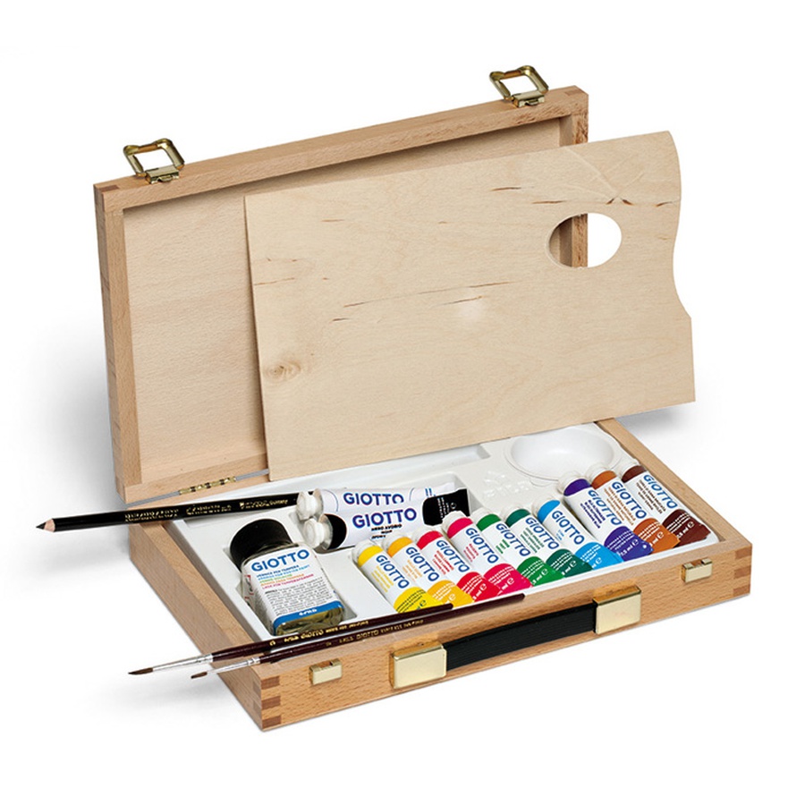картинка Гуашевые краски giotto wooden case, в наборе 10 туб с краской и художественные аксессуары
