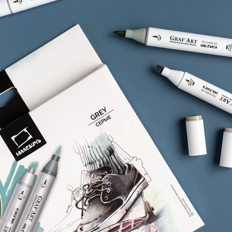 фотография Набор спиртовых маркеров малевичъ graf'art brush, серые 12 цветов