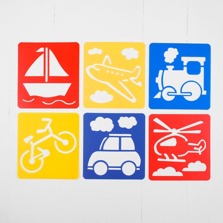 картинка Трафареты "транспорт, земной, воздушный, морской" лист бумаги, 6 шт