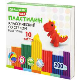 картинка Пластилин классический brauberg kids, 10 цветов, 200 г, со стеком