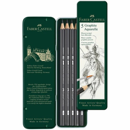 Водорастворимые чернографитные карандаши Faber-Castell Graphite Aquarelle разной твёрдости в наборе, 5 штук.