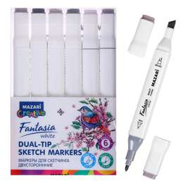 картинка Художественный набор двухсторонних маркеров mazari fantasia white 6 цветов warm gray (серые цвета), пишущие узлы 2.5-6.2 мм