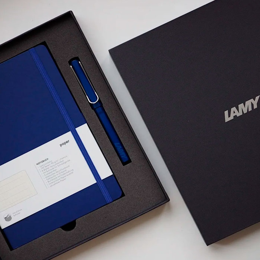 фотография Набор lamy: ручка пер safari, f, синий+записная книжка, мягкий переплет, а5, синий