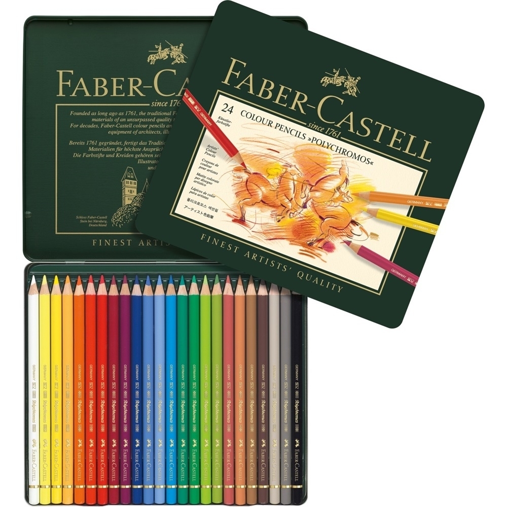 Набор цветных карандашей Faber-Castell Polychromos 24 цвета в металлической  упаковке, купить за 5946 руб. в интернет-магазине Арт-Квартал с доставкой  по Москве и регионам. (Артикул: 110024)